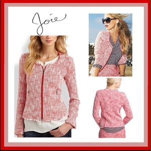 NWT Joie Red and White Collis Fringe Tweed Boucle Jacket Size S